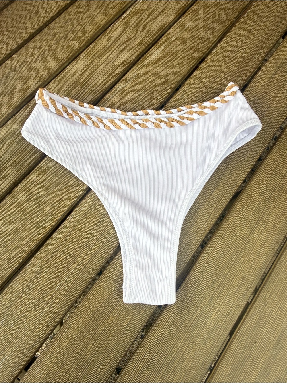 Zaful White Ribbed Bikini Bottoms Braided Trim Size Medium US 6